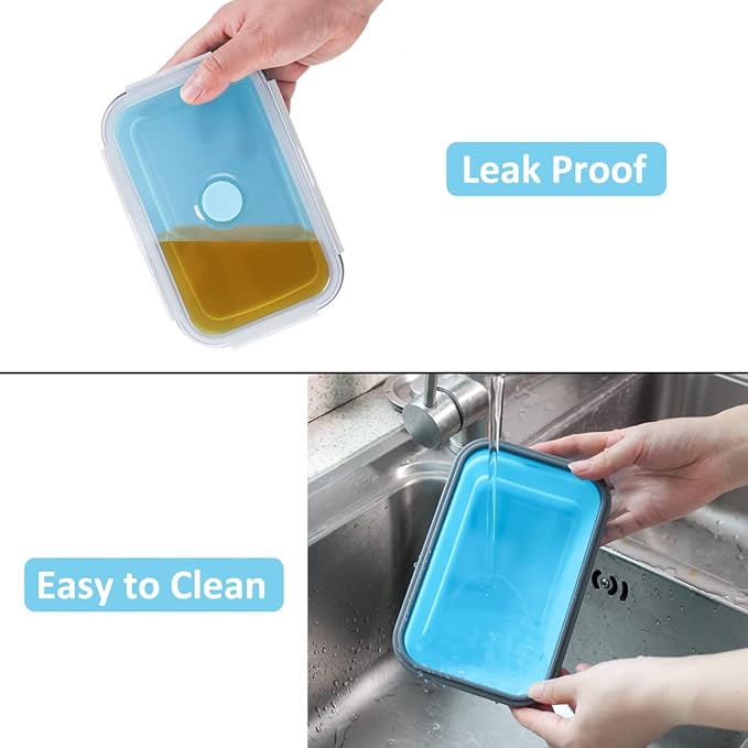 Collapsible Food Storage Containers with Airtight Lid & Air Vent, 4 Sizes, Kitchen Stacking Silicone Collapsible Meal Prep Container Set for Leftover, Microwave Freezer Dishwasher Safe, Blue, Set of 4 - Image 7