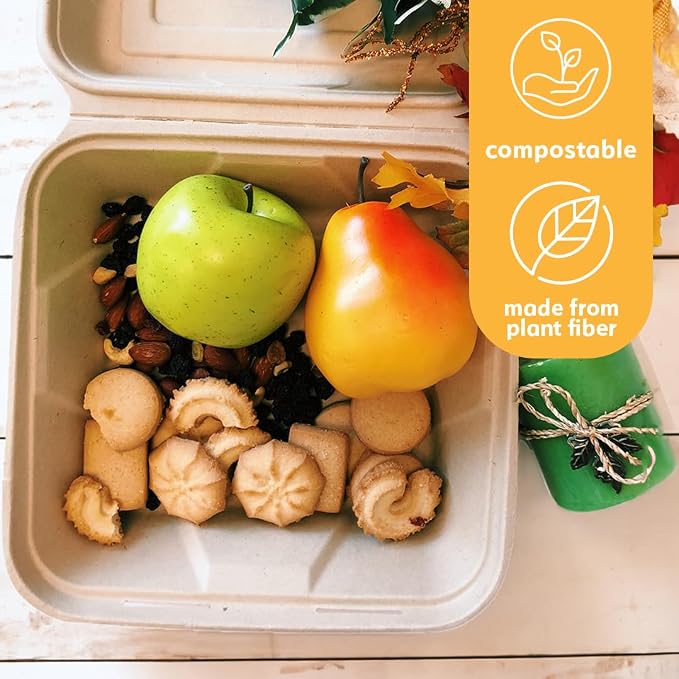 100% Compostable Disposable Food Containers with Lids [8”X8” 200 Pack] Eco-Friendly Take-Out TO-GO Containers, Heavy-Duty, Biodegradable, Unbleached by Earth's Natural Alternative - Image 4