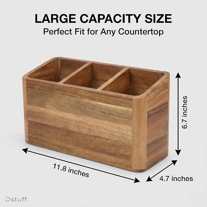 Dstuff Large Kitchen Utensil Holder Organizer for Counter or Countertop, Large Wooden Utensil Holder for Storage Cooking and Silverware with 3 Compartment, Acacia Rustic Wood Container Extra Large - Image 2