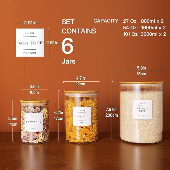 CZZGSM Set of 6 Glass Flour and Sugar jars with 132 Kitchen Pantry Labels - Thicken Large Glass Storage containers with Airtight Bamboo Lid - Rice Canisters for Salt Coffee - 100OZ/54OZ/27OZ - Image 4