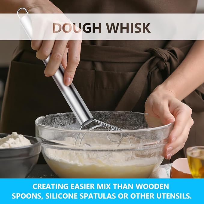HOTUT 12 Inch Thinp Danish Dough Whisk, Double Eyes Stainless Steel Danish Dough Whisk, Handheld Stainless Steel Double Circle Flour Dough Whisk, Dough Whisk for Whisking, Baking, Beating, Frothing - Image 6