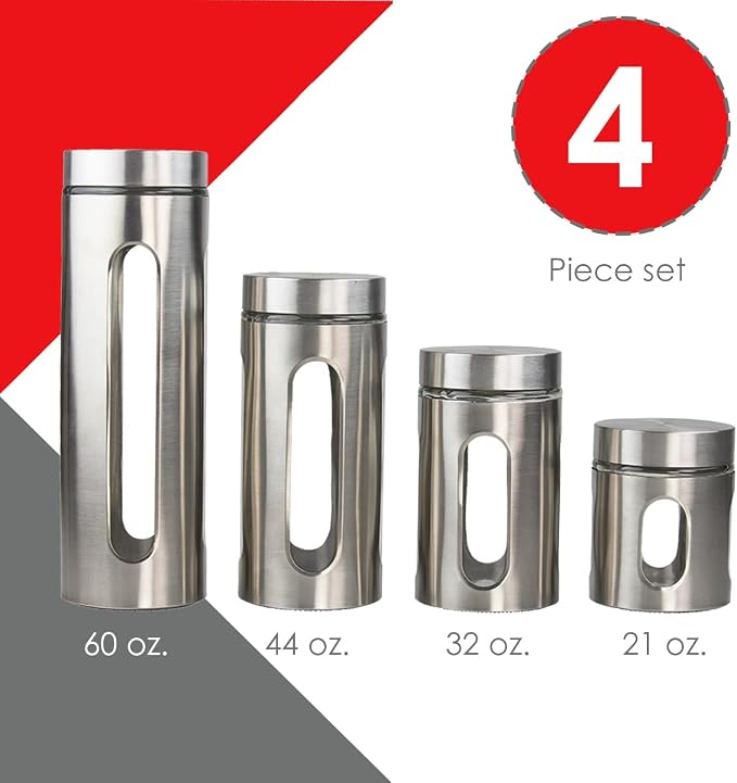 Kitchen Canisters By Home Basics | Retro-Styled For Kitchen Counter | Stainless Steel and Glass | With See-Through Windows (Silver), 4 Pieces, For Flour, Coffee, Sugar, and Dry Ingredients - Image 2