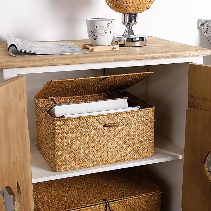 Wicker Basket with Lid, Seagrass Storage Basket, Woven Baskets for Storage, Decorative Storage Baskets for Shelf Organizing, Natural - Image 6