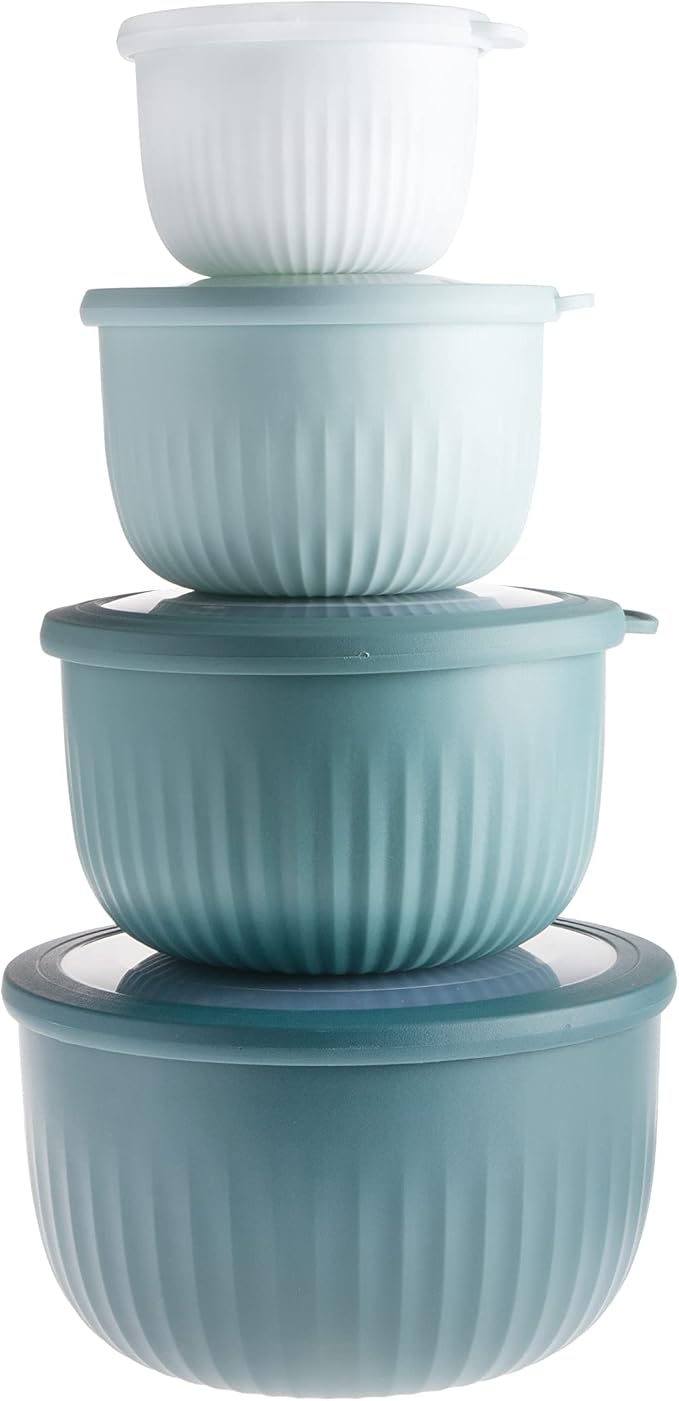 COOK WITH COLOR 4pc Plastic Mixing Bowl Set with Lids (Teal Ombre, 210 ml, 550 ml, 1150 ml, 3500 ml) - Sturdy, Nesting, BPA Free, Dishwasher Safe, Food Safe, Bowls for Cooking and Baking by CookwithColor