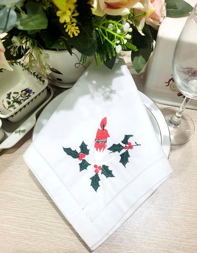 Embroidered Cloth Napkin Candle & Holly Christmas Cotton Napkins Set of 6, 20 x 20 Hemstitch Table Napkins, Machine Washable, Daily & Holidays, Great Gift Ideas - Image 7