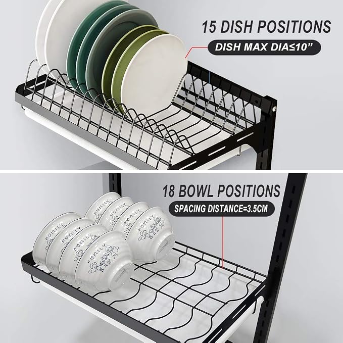 junyuan Hanging Dish Drying Rack Wall Mount,Dish Racks Drainer,3 Tier Kitchen Plate Organizer Storage Shelf with Drain Tray with 3 Hooks,Stainless Steel Black Large Ajustable Height - Image 4