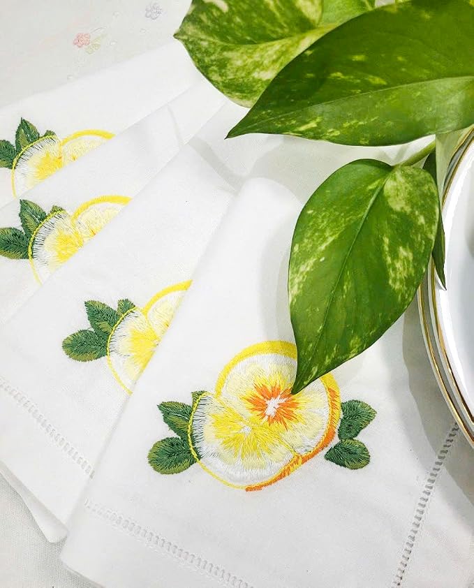 Embroidered Cloth Napkin Lemon Cotton Napkins Set of 6, 20x20 Hemstitch Table Napkins Machine Washable, Daily & Holidays, Great Present Ideas - Image 3
