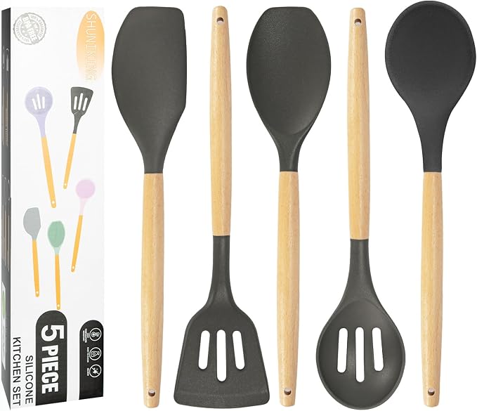 Non-Stick Silicone Cooking Utensils Set, 5 Pcs with Wooden Handle, Heat Resistant Silicone Kitchen Gadgets (Gray) by SHUNIKING