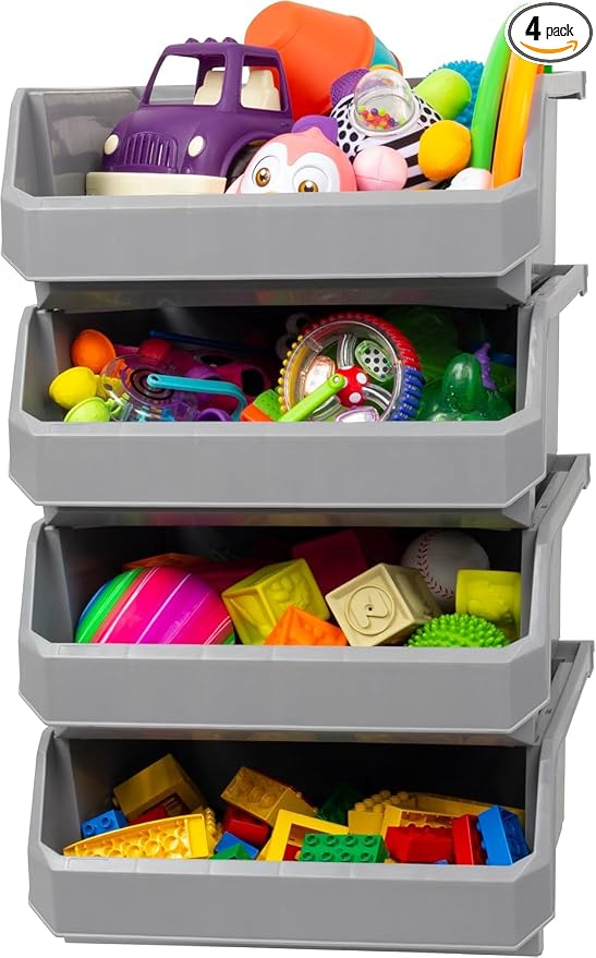 Extra Large Stackable Plastic Storage Bins, 4-Pack, Grey | Open-Front Stackable Bins For Garage, Pantry, Closet & Office, 14,8"L X 16,5"W X 7"H, Nests When Empty, Durable Plastic, by Akro-Mils
