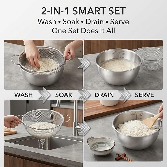18/8 Stainless Steel Fine Mesh Colander Set, 3.5Qt | Includes 1 mixing bowl with built-in measurement marks and 1 fine 20-mesh strainer for rinsing, mixing, and draining. - Image 6