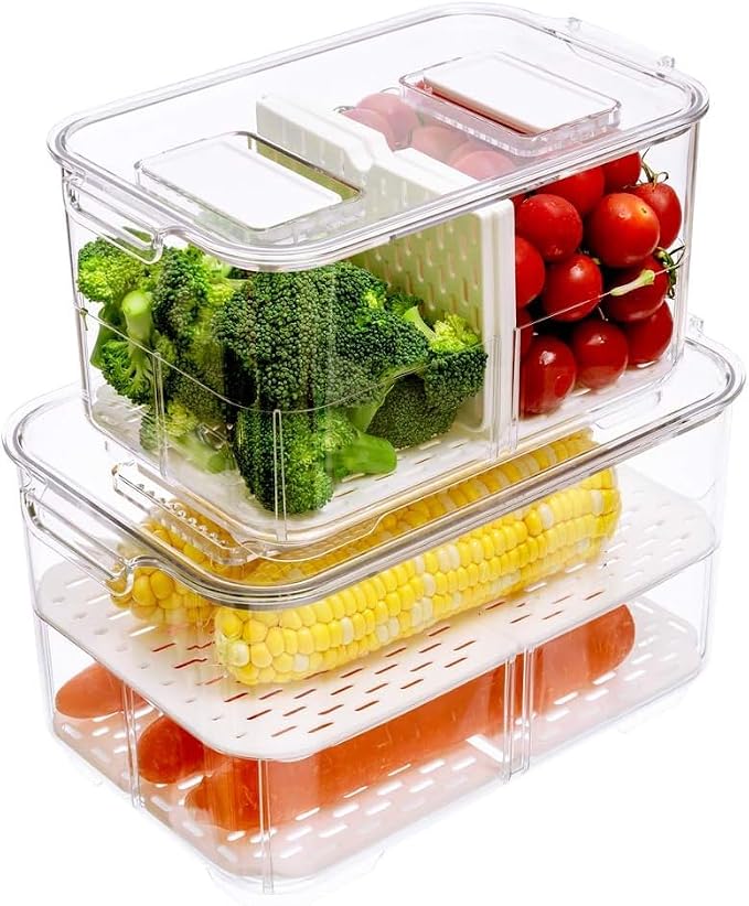 Refrigerator Organizer Bins, Stackable Freezer Lettuce Keeper with Lids and Removable Drain Tray Food Storage Containers for Fridge Freezer Cabinet Kitchen Organization - 4 Pack - Image 5