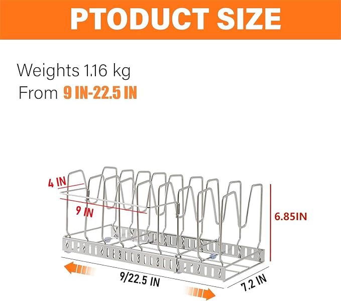 Expandable Pot and Pan Organizers Rack,304 Stainless Steel Pots Lid Organizer Rack Holder for Cabinet, Kitchen Cabinet Pantry Bakeware Organizer Rack Holder with 8 Adjustable Compartments - Image 2