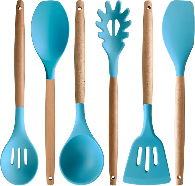 Kitchen Utensils Set 6-Piece Non-Stick Silicone Cooking Utensils Set, Wood Handle Heat Resistant Spatula Spoon Turner Ladle Pasta Server Cooking Kitchen Gadgets BPA Free for Nonstick Cookware - Image 9