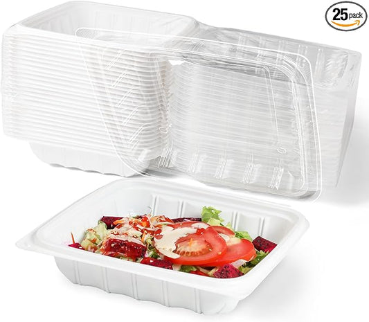 YANGRUI 25-Pack 34 oz 8" Hinged Takeout Box, Shrink-Wrapped No Pre-Wash | Anti-Fog Crystal Lid, Leakproof BPA-Free Square Container, Microwave Safe for Ramen, Salads, Asian & American To-Go Meals by YANGRUI