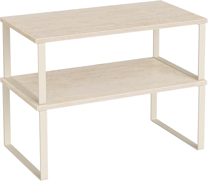 SONGMICS Cabinet Organizer Shelf, Set of 2 Kitchen Counter Shelves, Kitchen Storage, Spice Rack, Stackable, Expandable, Metal and Engineered Wood, 15.6 Inches, Beige & Cream White UKCS025L01 by Unknown
