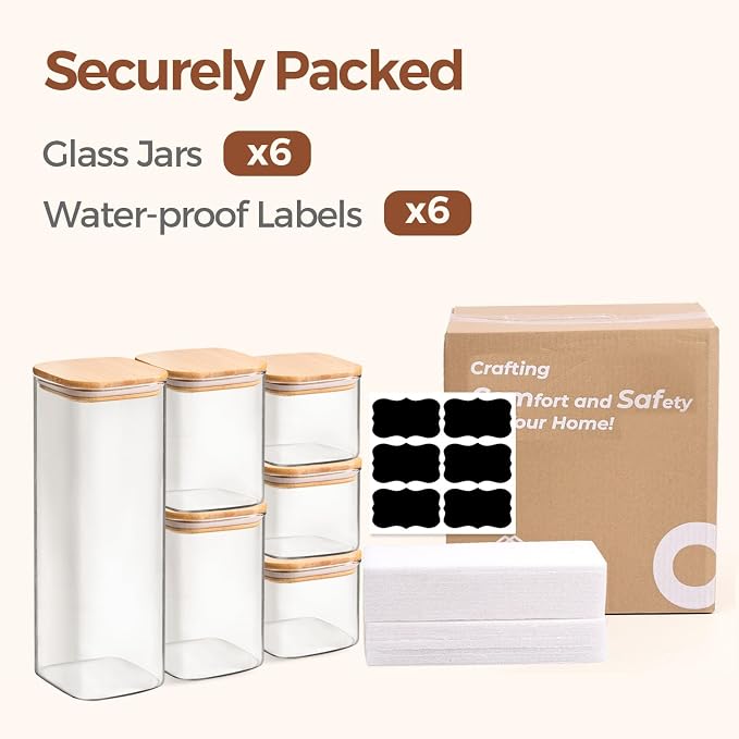 ComSaf Glass Storage Containers Set of 6 (2.2Qt/1.2Qt/0.8Qt/0.6Qt*3) | Pantry Storage Containers, Kitchen Jar, Glass Canisters, Bamboo Lid with Silicone Seal, Flour, Cereal, Spice Jar, BPA Free - Image 8