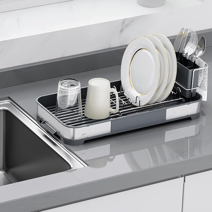 Glad Stainless Steel Dish Drying Rack - Small Space Saving Dish Drainer with Removable Cutlery Holder, Drain Spout, and Towel Bar - Rust-Resistant Metal Rack for Kitchen Countertops, (8”W x 17.5”L) by GladTrashFoodStorage