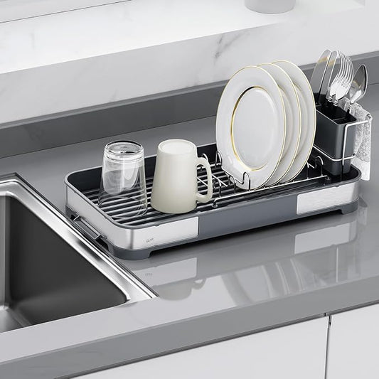 Glad Stainless Steel Dish Drying Rack - Small Space Saving Dish Drainer with Removable Cutlery Holder, Drain Spout, and Towel Bar - Rust-Resistant Metal Rack for Kitchen Countertops, (8”W x 17.5”L) by GladTrashFoodStorage