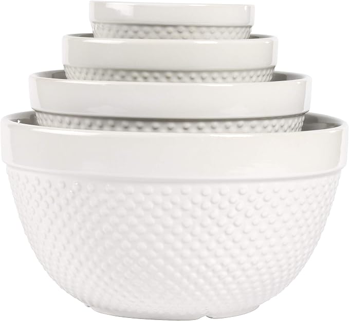 Tabletops Gallery Hobnail Style 4 Piece Classic White Stoneware Nesting Mixing Bowl Set for Baking and Cooking by TabletopsGallery