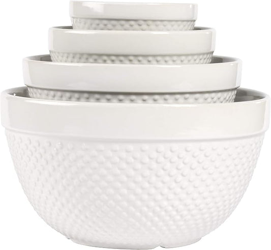 Tabletops Gallery Hobnail Style 4 Piece Classic White Stoneware Nesting Mixing Bowl Set for Baking and Cooking by TabletopsGallery