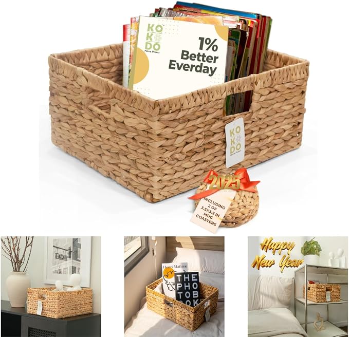 KOKODO 15”L x 11”W Large Rectangular Water Hyacinth Wicker Storage Basket with Handles, Metal Frame and Chalkboard Label, Handwoven Bin for Space-Saving Room Organization - Image 2