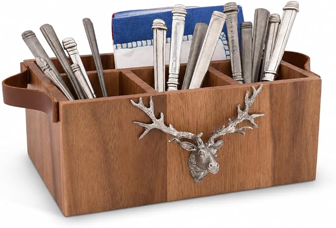 Elk Head Handles Wood Flatware Caddy with Pewter Accents - Rustic Utensil Organizer for Home Decor - 13" Long by VagabondHouse