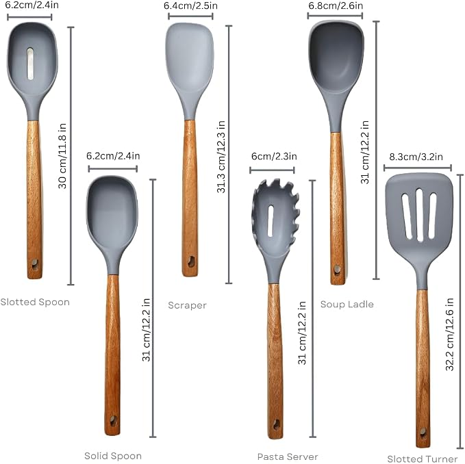 Premium Silicone Kitchen Utensil Set – 7-Piece Cooking Tools with Acacia Wood Handles and Bamboo Holder, Non-Stick, Heat Resistant, BPA-Free, Elegant Kitchen Gift (Grey -7pcs) - Image 3