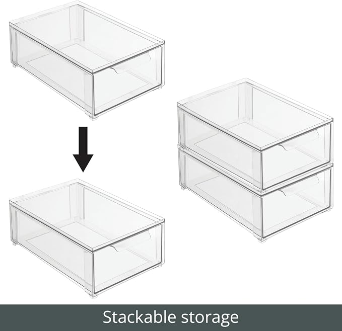 mDesign Plastic Stackable Bathroom Storage Organizer Bin Containers with Front Pull Drawer for Bathroom Countertop, Vanity, Closet Shelves - Holder for Beauty Accessories - Lumiere Collection - Clear - Image 4