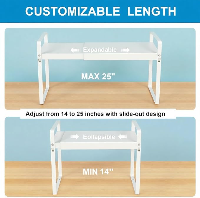 11" Deep Expandable Cabinet Shelf Organizer Riser, 1-Pack White | Adjustable 14-25", heavy duty metal pantry storage rack for kitchen cupboard, under sink & countertop, 10" high space saver - Image 4