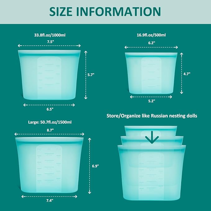 12-Pack Reusable Silicone Food Storage Bags, 100% Silicone Stand-Up Wide-Open Zip-Lock Reusable Storage Bags for Food, Freezer Microwave Oven Dishwasher Safe, Aqua, 4M 4S 4XS - Image 6