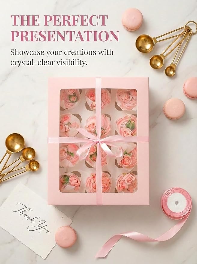 qiqee Auto-pop Up Cupcake Boxes with Window Pink 40PCS 12 Count Cupcake Box 13"x10"x3.5" Cupcakes Carrier, 12 Cupcake Containers with 2 rolls of pink ribbons - Image 6