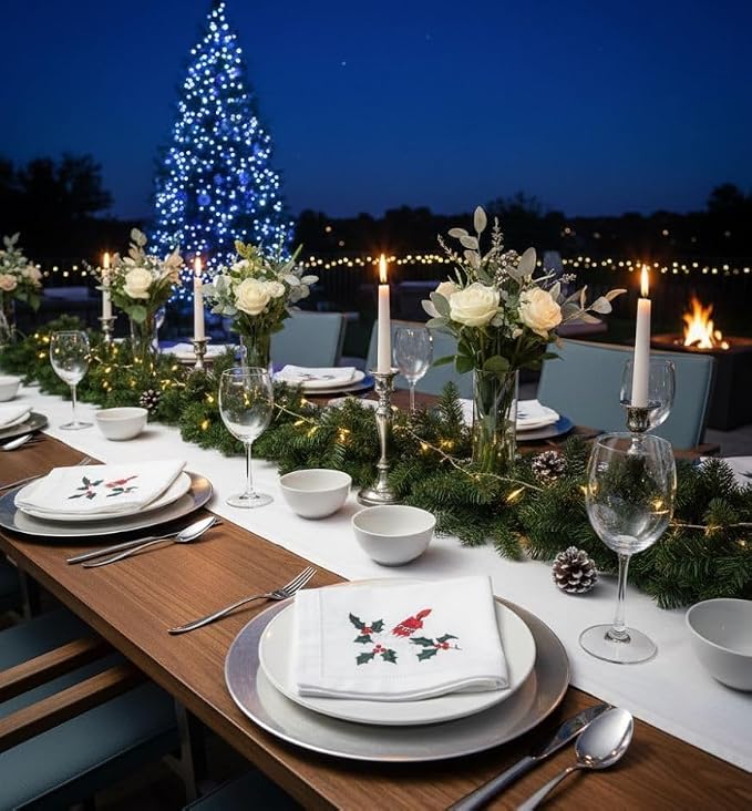 Embroidered Cloth Napkin Candle & Holly Christmas Cotton Napkins Set of 6, 20 x 20 Hemstitch Table Napkins, Machine Washable, Daily & Holidays, Great Gift Ideas - Image 9