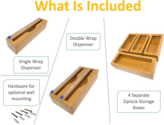 Incredinest Bamboo Drawer Organizer Bag Holder – Modular Design Zip Lock Bag Organizer Plastic Wrap Dispenser with Cutter – Baggie Organizer for Drawer with Single and Double Wrap Dispenser - Image 4