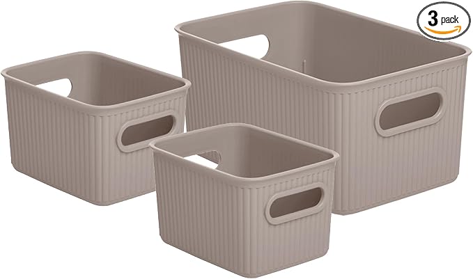 Superio Ribbed Collection - Decorative Plastic Basket Open Home Storage Bins Organizer, Taupe (Set of 3) 1 Medium, 2 Small - Container Boxes for Organizing Closet Storage Bins for Shelves by Superio