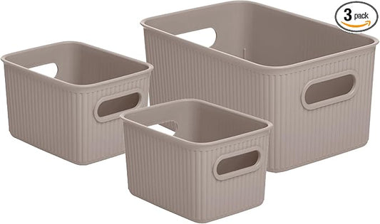 Superio Ribbed Collection - Decorative Plastic Basket Open Home Storage Bins Organizer, Taupe (Set of 3) 1 Medium, 2 Small - Container Boxes for Organizing Closet Storage Bins for Shelves by Superio