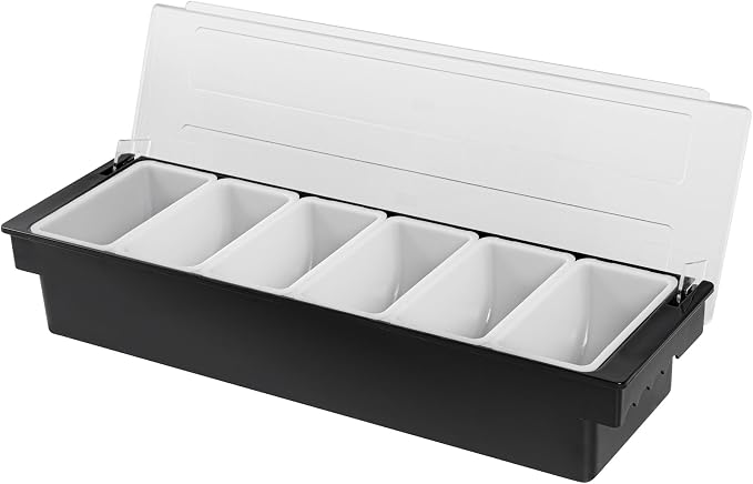 Restaurantware Bar Lux 19.6 x 6.3 x 3.7 Inch Condiment Caddy 1 Durable Bar Caddy - 6 Removable Compartments Built-In Lid Black Plastic Condiment Holder For Restaurant Store Cocktail Garnish - Image 2