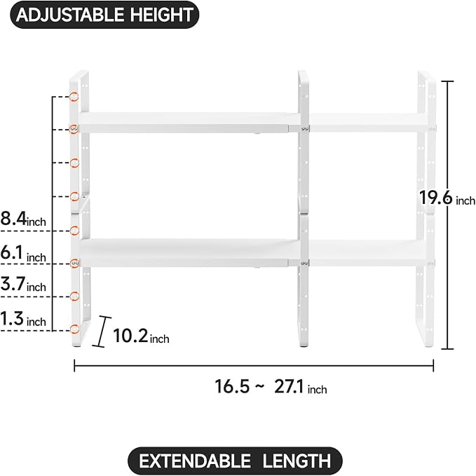 2Pcs Expandable Cabinet Shelf Organizers, 16.5"~27''L, White | Stackable, Adjustable Height, For Cabinet, Countertop, Pantry, Cupboard, White, 10.2" W x 9.6" H - Image 2