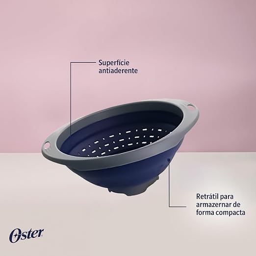 Oster Bluemarine 10-Inch Foldable Strainer – Collapsible Colander for Pasta, Vegetables, Fruits, Space-Saving Kitchen Tool, Blue/Grey Dishwasher Safe - Image 4