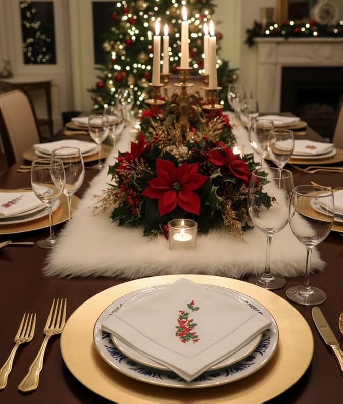 Embroidered Cloth Napkin Red Bells and Holly Christmas Cotton Napkins Set of 6, 20 x 20 Hemstitch Table Napkins Machine Washable, Daily & Holidays, Great Gift Ideas - Image 8