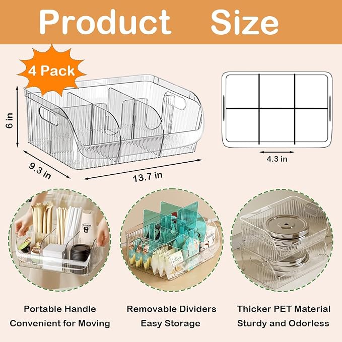 4 Pack Large Snack Organizer for Countertop, Clear Snack Storage Bin | 13.7"×9.3"×6" for Kitchen Pantry, 6 Compartment Plastic Snack Bar with Dividers for Cabinet, Chip Packet Holder for Office - Image 2