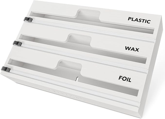 SpaceAid WrapNeat 3 in 1 Wrap Organizer with Cutter and Labels, Plastic Wrap, Aluminum Foil and Wax Bamboo Dispenser for Kitchen Storage Organization Holder for 12" Roll (White) by SpaceAid