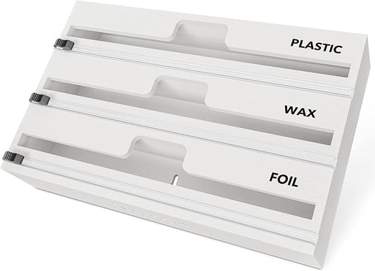 SpaceAid WrapNeat 3 in 1 Wrap Organizer with Cutter and Labels, Plastic Wrap, Aluminum Foil and Wax Bamboo Dispenser for Kitchen Storage Organization Holder for 12" Roll (White) by SpaceAid