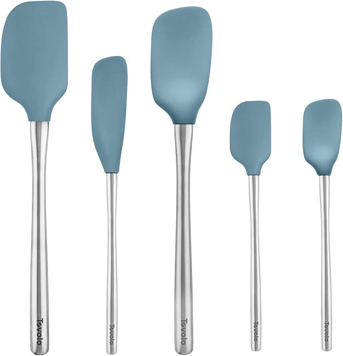 Tovolo Stainless Steel Handled Silicone Spatula Set of 5, Dishwasher Safe Kitchen Spatula Set for Cooking Baking, BPA Free Silicone Spatula set with Metal Steel Handle, Blue Slate by Tovolo