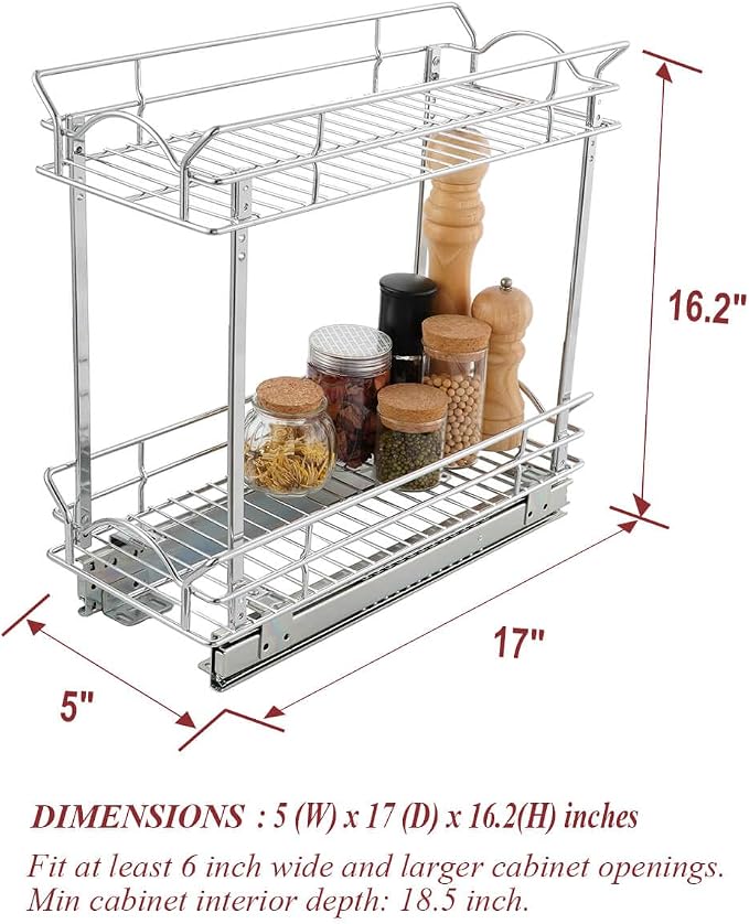OCG Slide Out Cabinet Organizer for Narrow Cabinet (5" W X 17" D), 2 Tier Pull Out Shelves Slim Sliding Cabinet Organizer and Storage, Chrome - Image 2