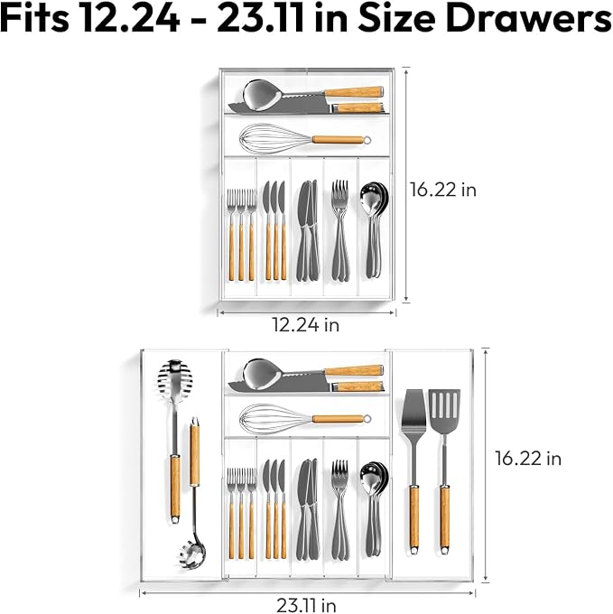 NIUBEE Acrylic Utensil Silverware Tray for Drawer, Clear Cutlery Organizer | Expandable Silverware Organizer for Flatware, 9 Compartments Adjustable Utensil Organizer,Clear Silverware Holder for Kitchen - Image 3
