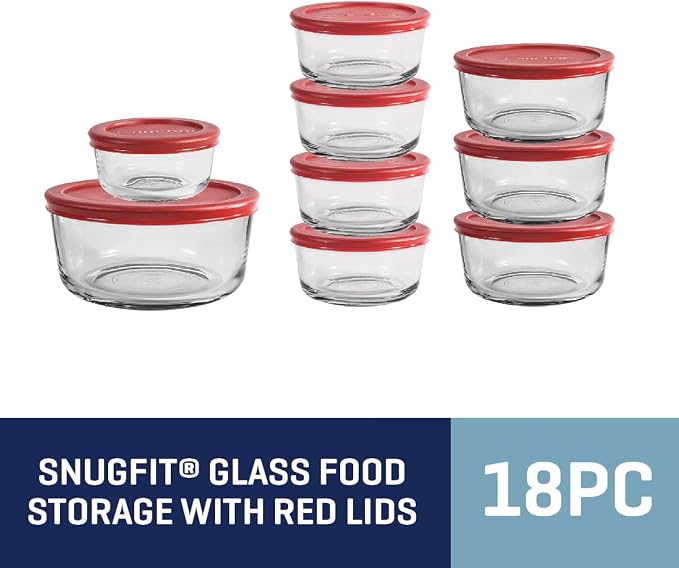 Anchor Hocking 18 Piece Glass Storage Containers with Lids (9 Glass Food Storage Containers & 9 Red SnugFit Lids) - Image 7