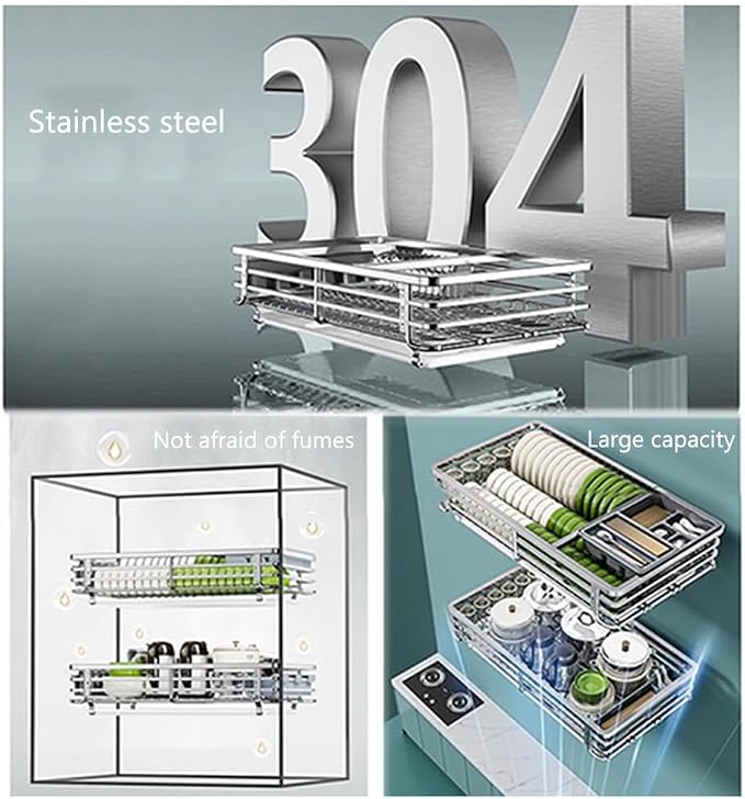2 Tier Sliding Pull Out Drawers for Kitchen Cabinets, Stainless Steel Drawer Dish Rack Wire Basket, Dish Drying Rack with Drainboard Set, Storage Shelf Home Kitchen - Image 6