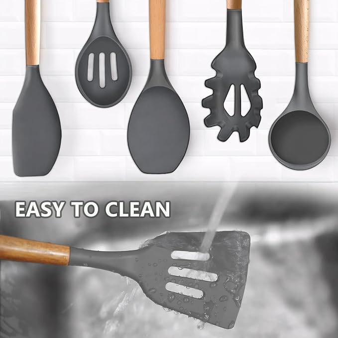 Kitchen Cooking Utensils Set, 6Pcs Silicone Kitchen Utensils Set Spatula Spoon Soup Ladle Turner, Heat Resistant Wooden Handle Silicone Cooking Gadgets for Nonstick Cookware & Baking BPA FREE - Image 7