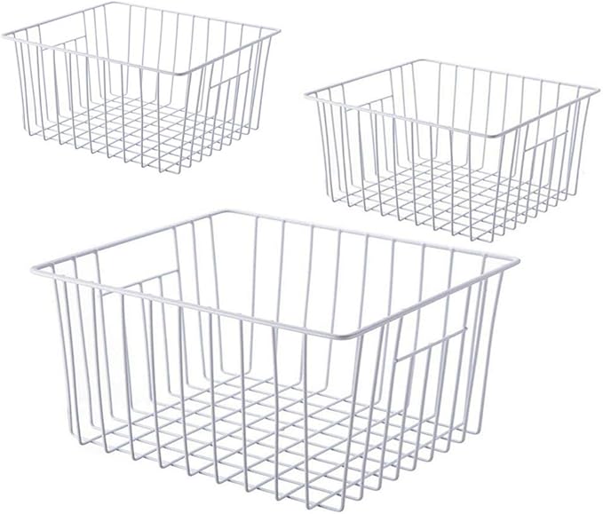 Freezer Wire Baskets, Kitchen Storage Organizer Bins for Chest and Upright Freezer, Refrigerator Dividers Containers with Handles - Pearl White (3) by Y.Z.Bros