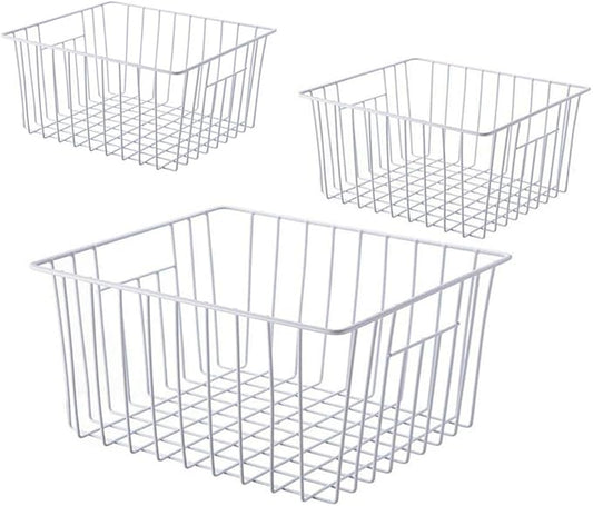 Freezer Wire Baskets, Kitchen Storage Organizer Bins for Chest and Upright Freezer, Refrigerator Dividers Containers with Handles - Pearl White (3) by Y.Z.Bros